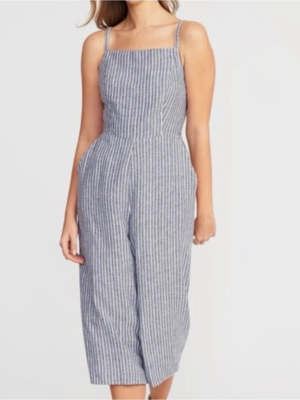 Old Navy Blue and White Striped Linen Blend Sleeveless Jumpsuit